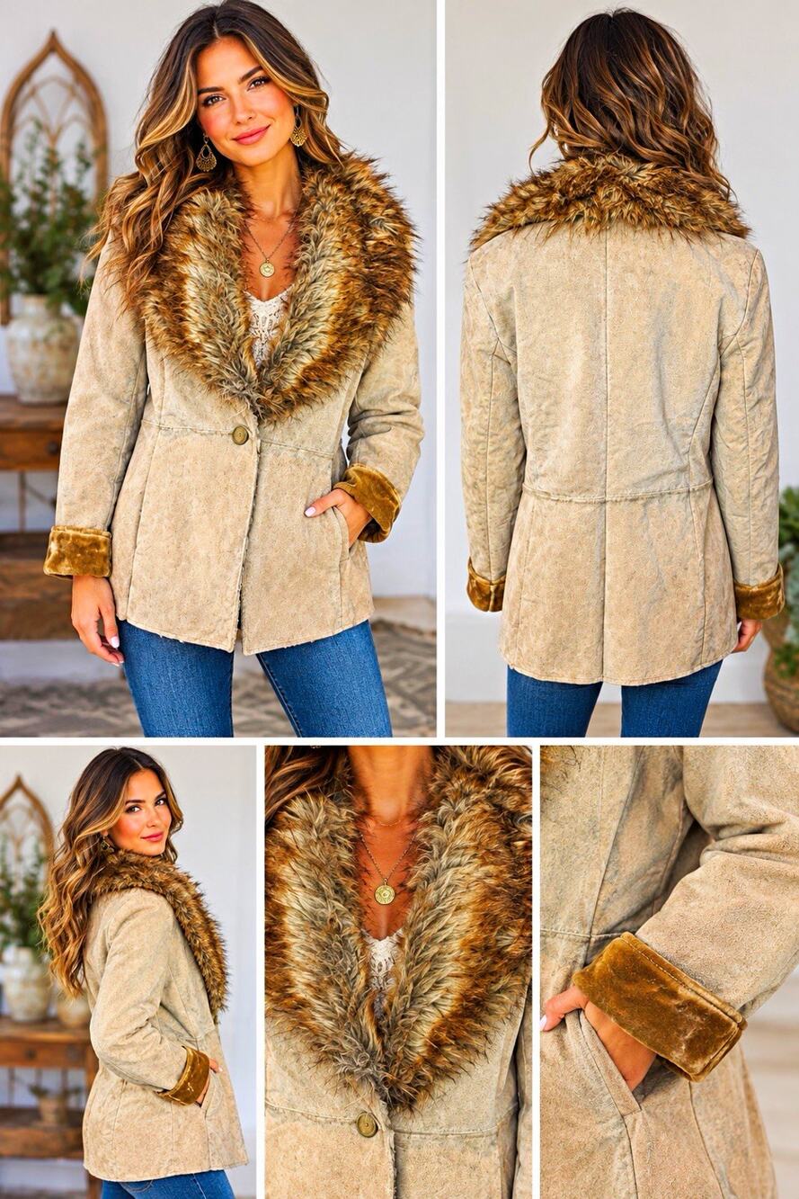 Vintage 90s Y2K Genuine Leather Suede Boho Penny Lane Jacket Faux Fur Coat Large